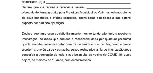 Prefeitura de Valinhos decide que munícipes que se recusarem a tomar a vacina contra a Covid-19 disponível irão para o fim da fila