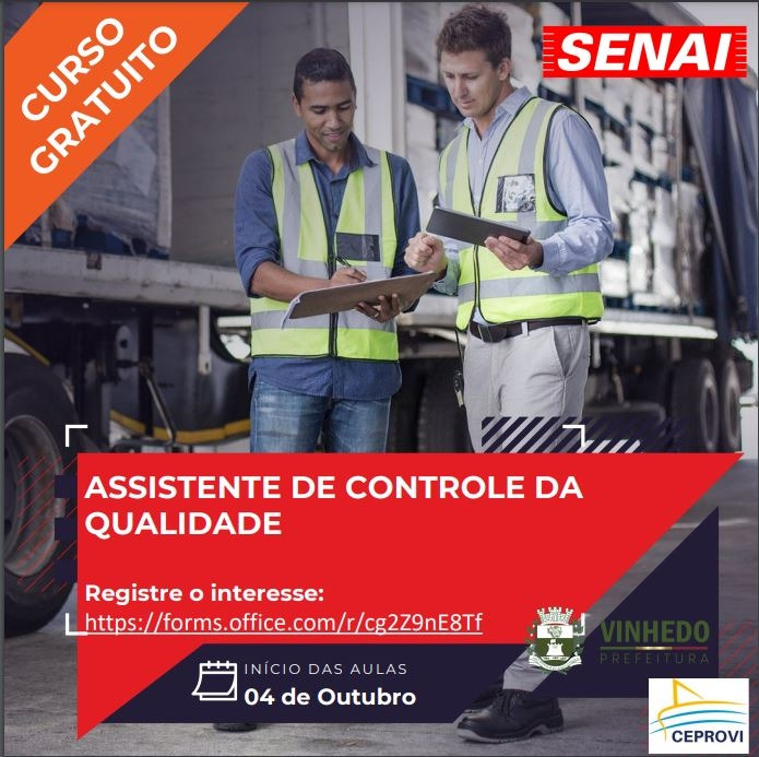 Prefeitura de Vinhedo e Senai abrem novas turmas do curso gratuito de Assistente de Controle da Qualidade